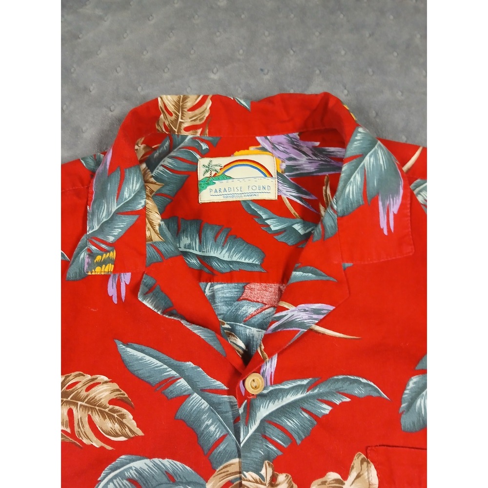 Vintage Paradise Found Hawaiian Shirt Red Parrot Tropical Palm Aloha Mens XL - Picture 2 of 6